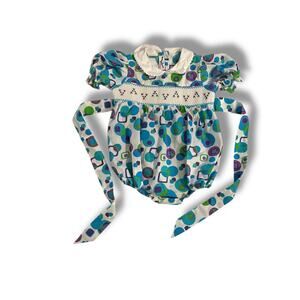 Vintage Smocked by Sara Goose Baby Bubble Romper Geometric Print Tie Back